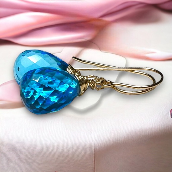 Swiss Blue Topaz Earrings Handcrafted 14k Gold Filled  , December Birthstone - Picture 6 of 8